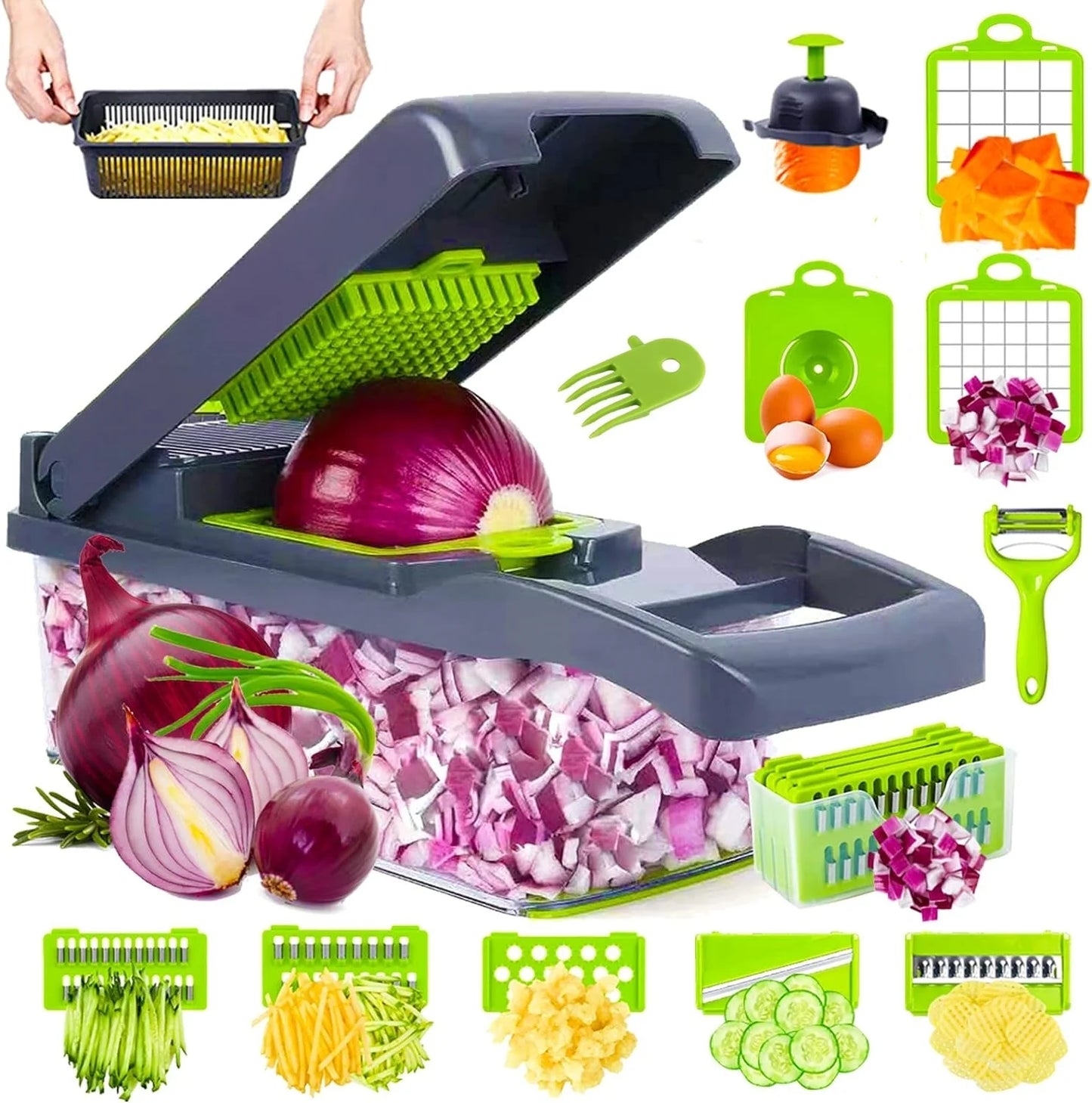 Vegetable Chopper,  Veggie Chopper, Multifunctional 12 in 1 Food Chopper, Vegetable Slicer Dicer with 8 Blades, Onion Chopper Vegetable Cutter with Salad Garlic Carrot